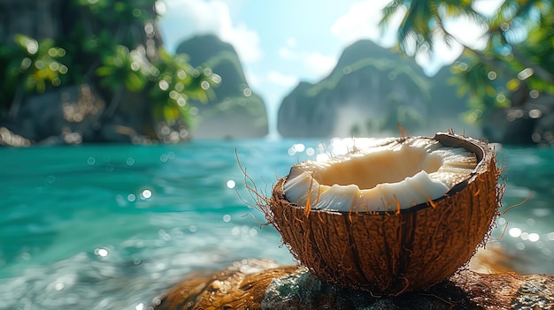 A coconut balanced on a weathered piece of driftwood a poignant reminder of the resilience and ab