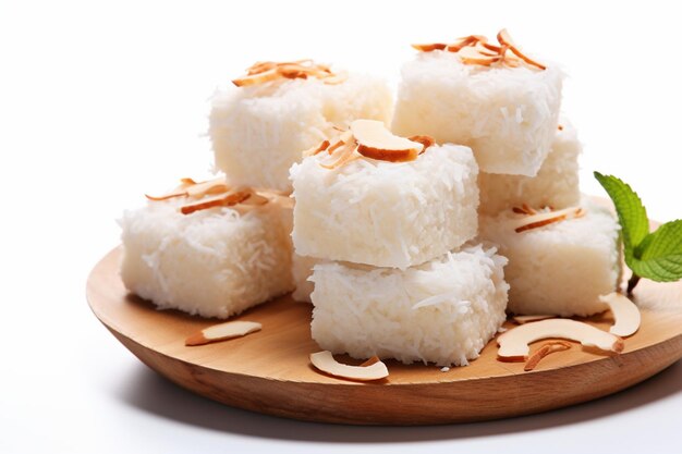 Coconut barfi tempting on white background