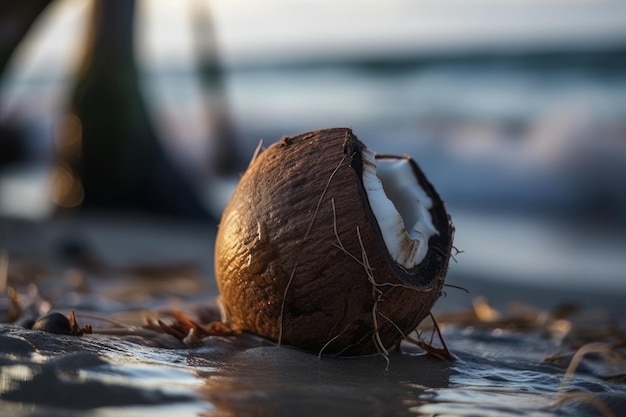 Photo coconut on the beach in the sunset macro zoom generative ai