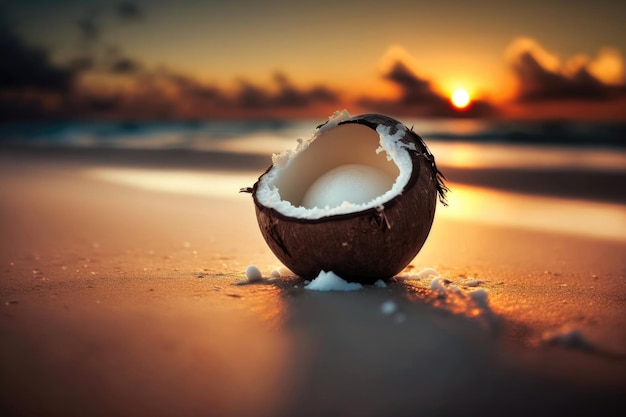 Coconut on the beach in the sunset macro zoom