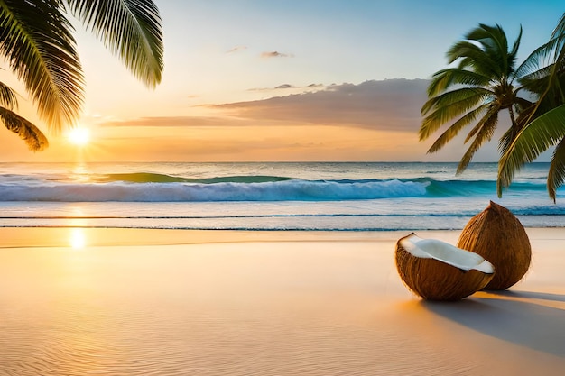 A coconut on a beach at sunset