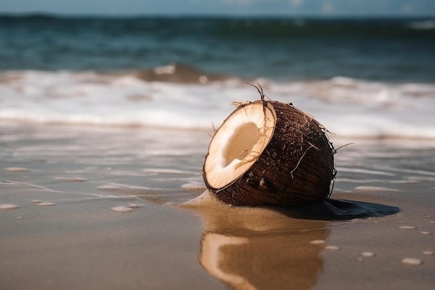 Photo coconut on the beach with the ocean in the background