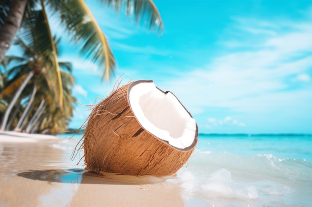 Coconut on the beach with palm trees and blue sky background