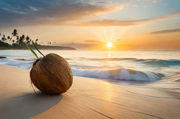 A coconut on a beach with the sun setting behind it