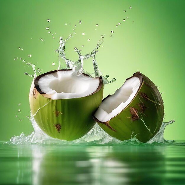 Photo a coconut being splashed with water splashing in the water