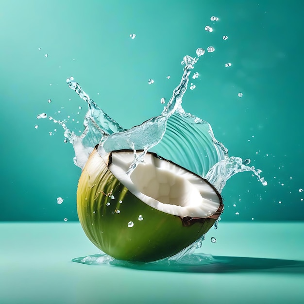 Photo a coconut being splashed with water on a table