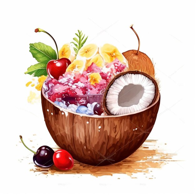 Photo coconut bowl with fruit and flowers on a white background generative ai