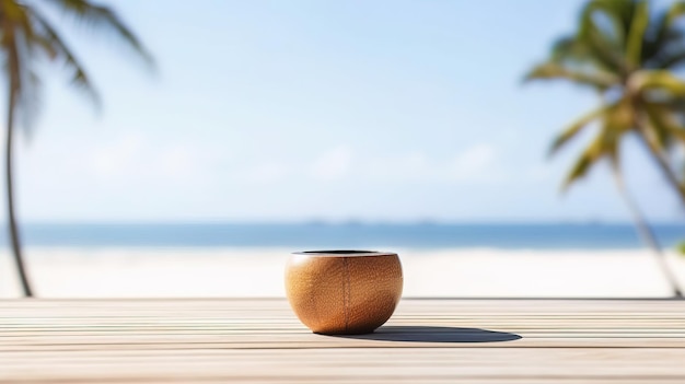 A coconut bowl on a wooden table on a tropical beach