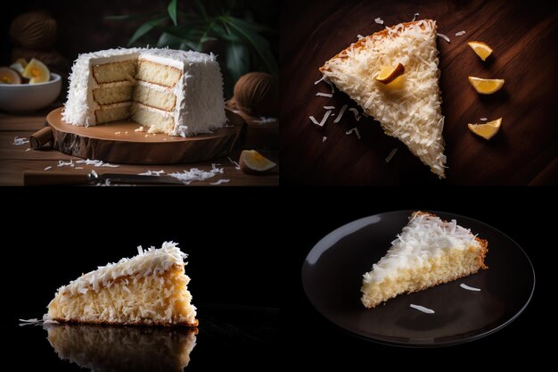 Photo coconut cake collage white dessert frosting vanilla torte slice cream sponge coconut cake abstract generative ai illustration