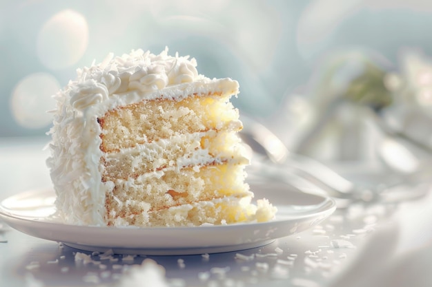 Photo coconut cake white dessert frosting vanilla torte slice cream sponge coconut cake copy space