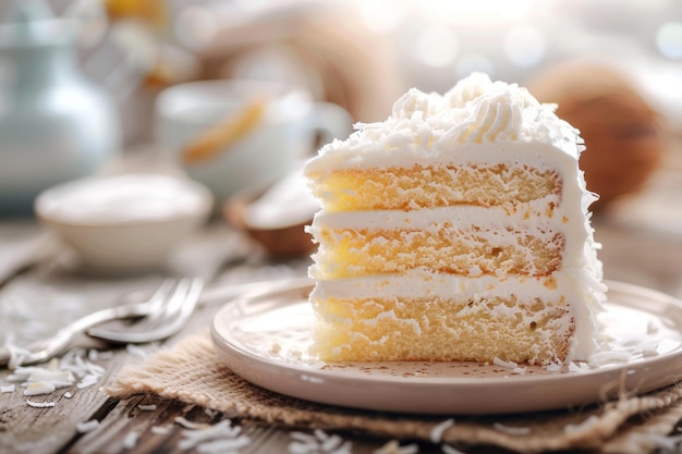 Photo coconut cake white dessert frosting vanilla torte slice cream sponge coconut cake copy space