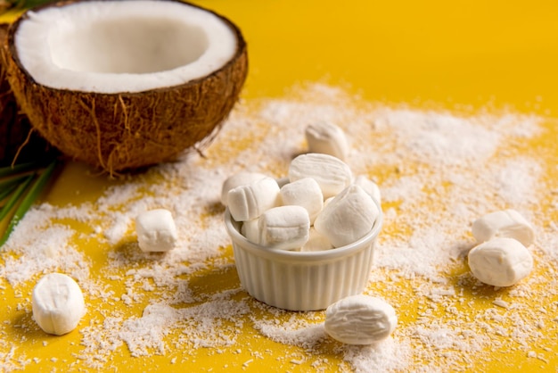 Coconut candy and shredded coconut on a yellow background