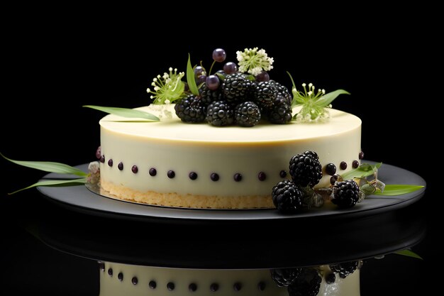 Coconut cheesecake with japanese matcha tea white chocolate and decorated with blackberries