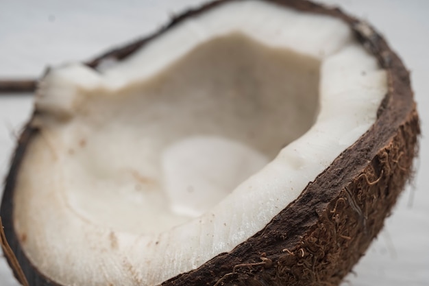 Coconut chopped into pieces closeup top view