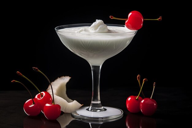 Coconut cocktail garnished with maraschino cherry