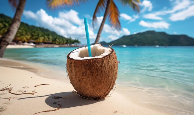 Coconut cocktail on ocean tropical beach