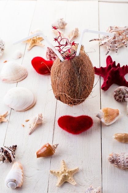 Coconut cocktail with seashells