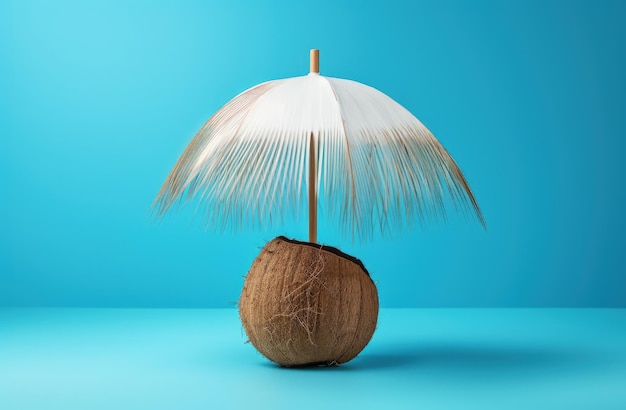 Coconut cocktail with umbrella isolated on blue background AI