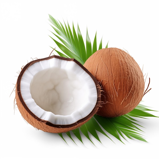 a coconut and a coconut on a leaf