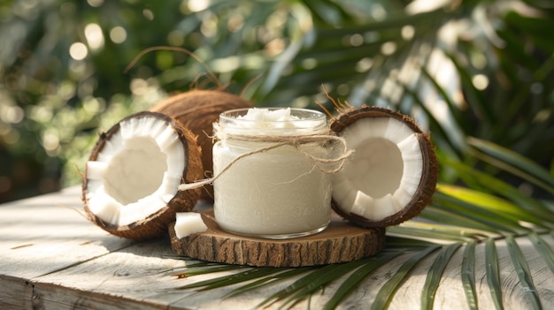 A coconut cracked open next to a jar of coconut oil island treasure