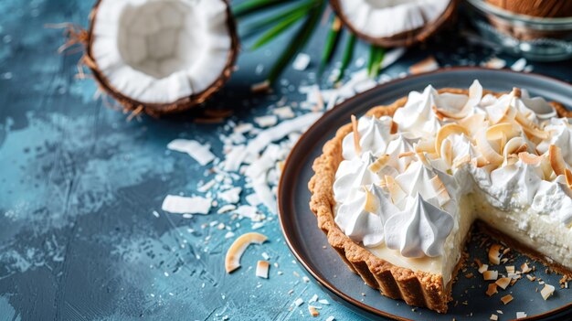 Photo coconut cream pie on plate with whipped topping and coconut flakes dark blue surface