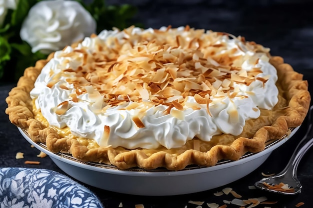 A coconut cream pie with whipped cream on top