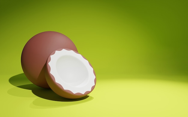 Coconut in a cut on a green table. 3d render