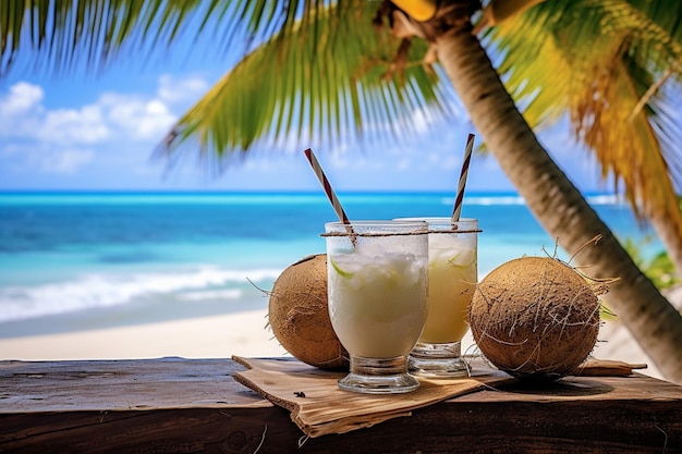 Coconut drink and fresh seafood beach lunch