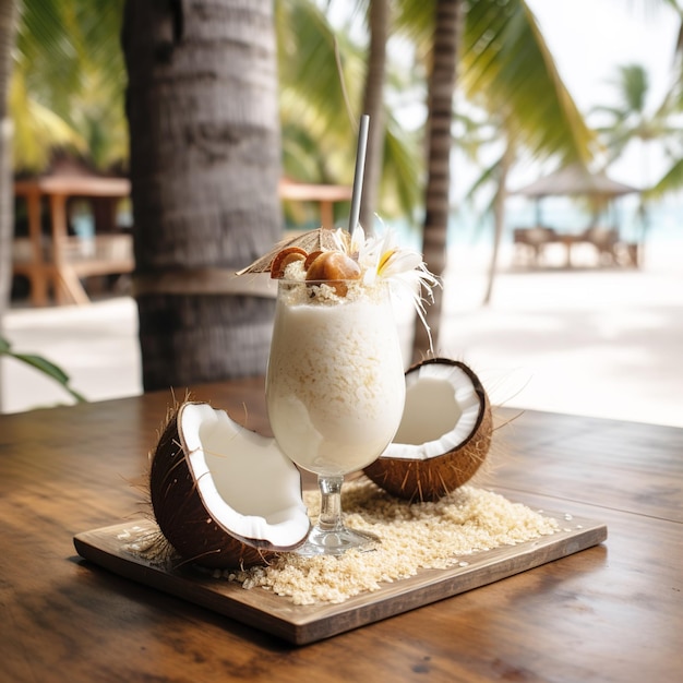 A coconut drink with a straw in it and coconuts on a wooden table.