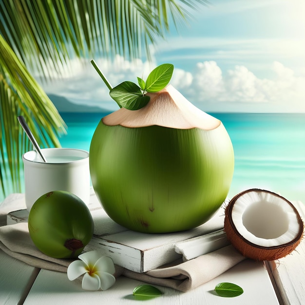 Photo coconut filled with refreshing coconut water on white table on summer tropic ocean background