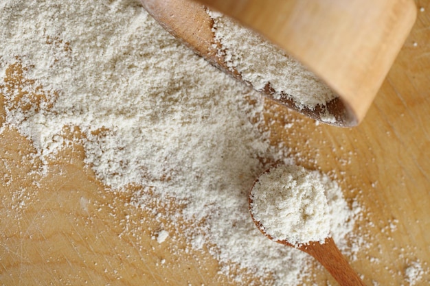 Coconut flour in wooden bowl isolated on brown Top view