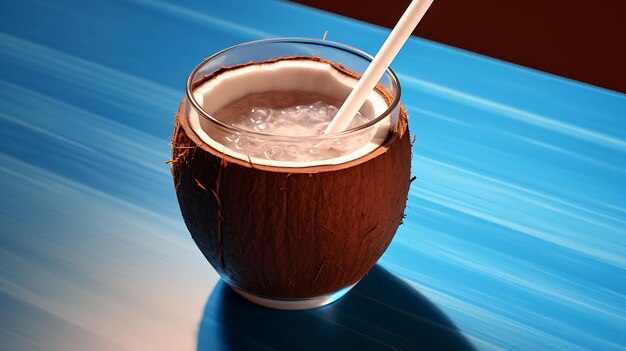a coconut fruit drink glass on a blue table Generative Ai
