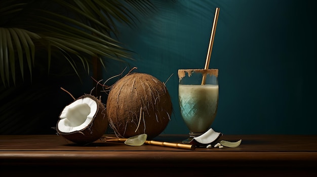 a coconut fruit drink glass on a blue table Generative Ai