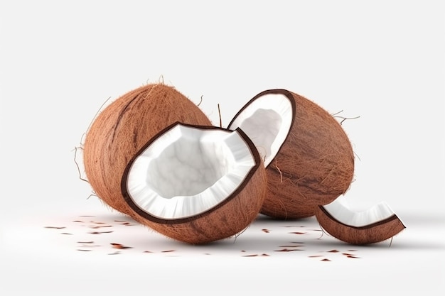 Coconut fruit on white background 3d illustration generative ai