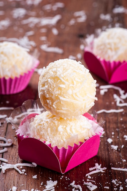 Coconut Gourmet Brigadeiro. Typical Brazilian sweet.