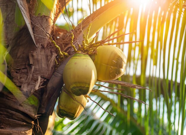 Foto la noce di cocco cresce su un albero nel giardino del raccolto durante l'esplosione del sole.