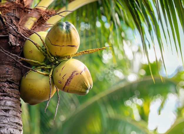 Photo coconut grows on a tree in the harvest garden on everning sun flare ai generated