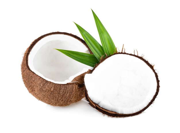 Coconut half isolated. Cocos white. Coconut with pandan leaves isolate on white background