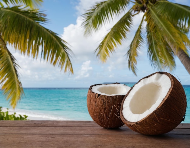 熱帯のビーチの背景に木製のテーブルの上にココナッツの半分