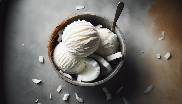 coconut ice cream on a concrete grey background with copy space