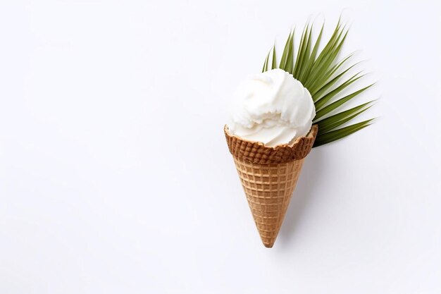 Coconut ice cream cone with palm leaf on white background with clipping path