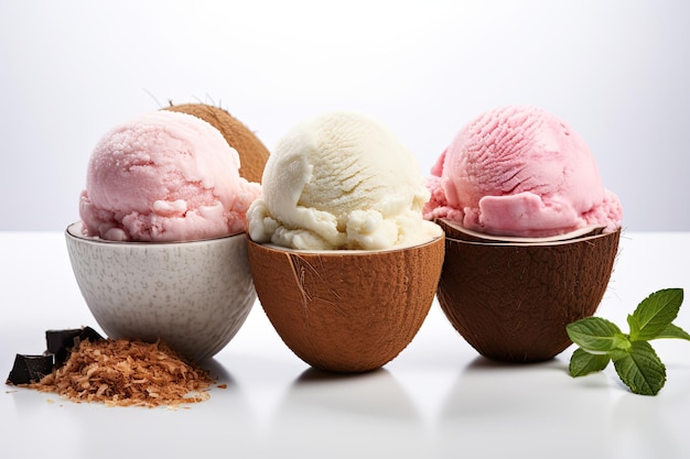 Coconut ice cream flavours in half of coconut setup isolated on white background