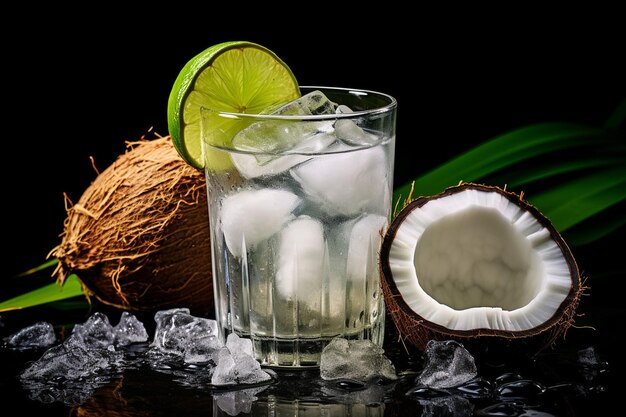 Photo coconut and lemmon with ice cubes