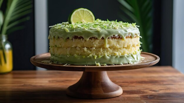 사진 녹색 층과 크림 모양의 토핑이 있는 코코 라임 케이크