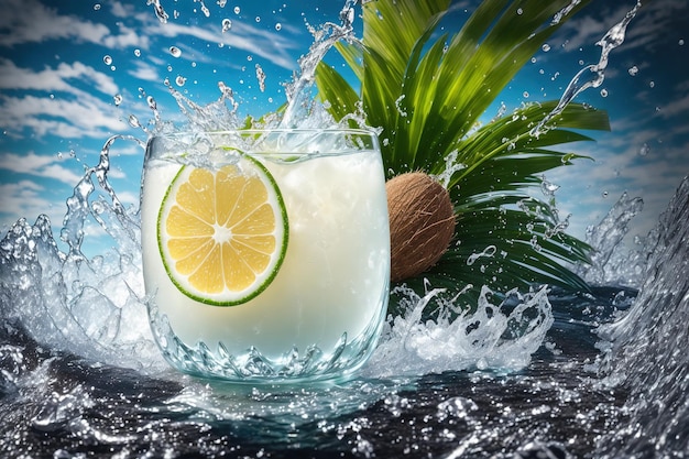 A coconut and lime drink in a glass with a slice of lime