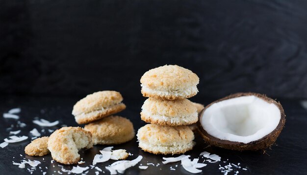 Foto biscotti di cocco macaroon su sfondo nero con spazio di copia pasticceria fresca e deliziosa