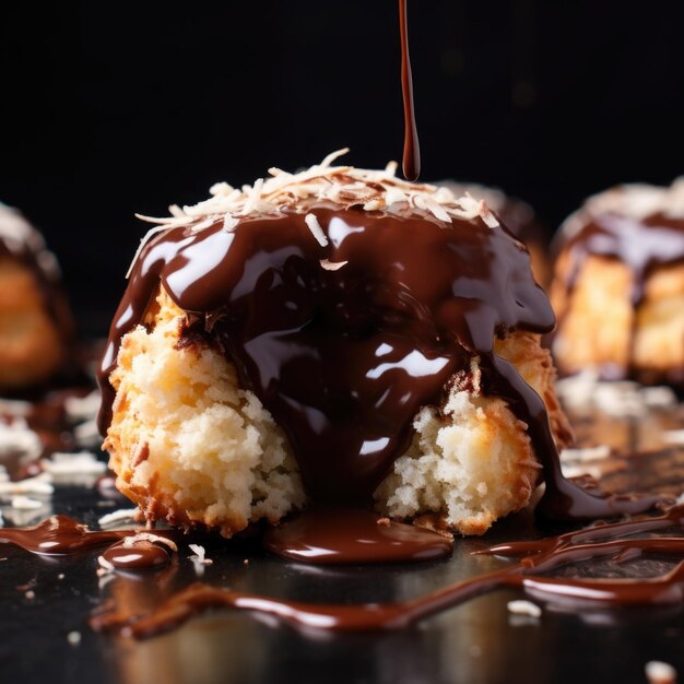 Coconut macaroon dipped in chocolate ganache with splashes and waves