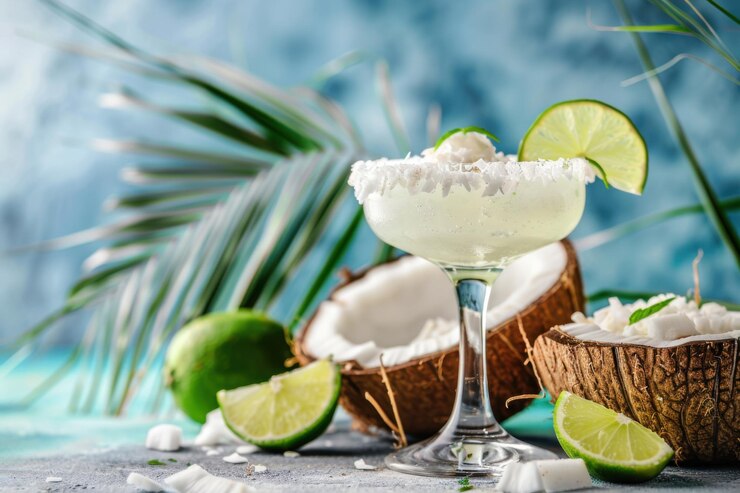 Coconut Margarita with coconut flakes and lime served in a coconut shell tropical beach background