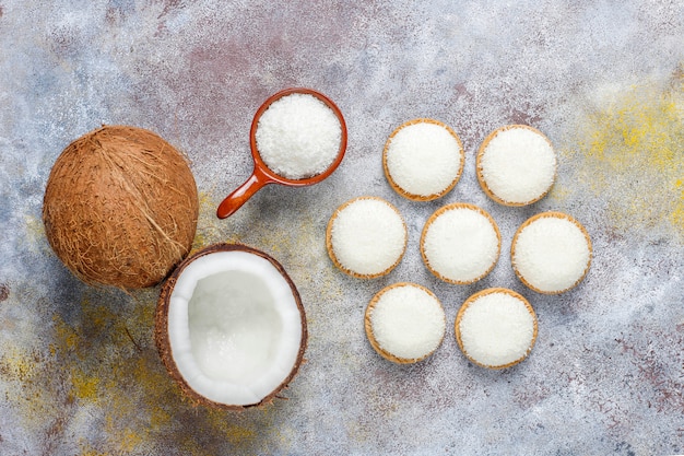 Coconut marshmallow cookies with half coconut,top view