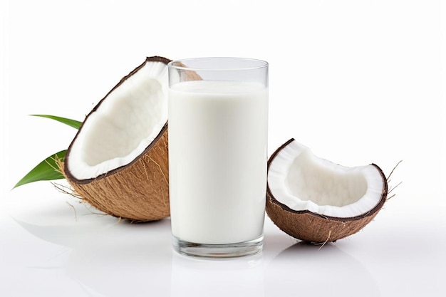 Coconut milk beverage in glass isolated on white background Healthy